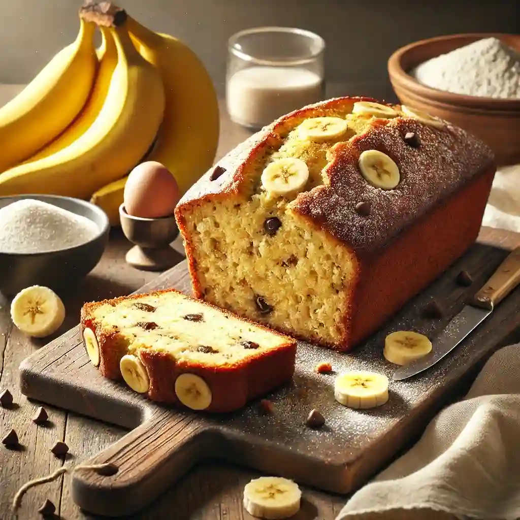 Freshly baked banana bread recipe with 2 bananas.