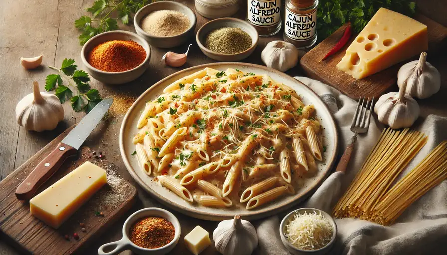 Plate of pasta topped with creamy Cajun Alfredo sauce and fresh herbs