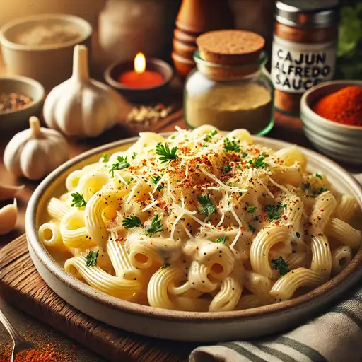 A creamy Cajun Alfredo sauce over pasta, topped with grilled chicken and fresh herbs.