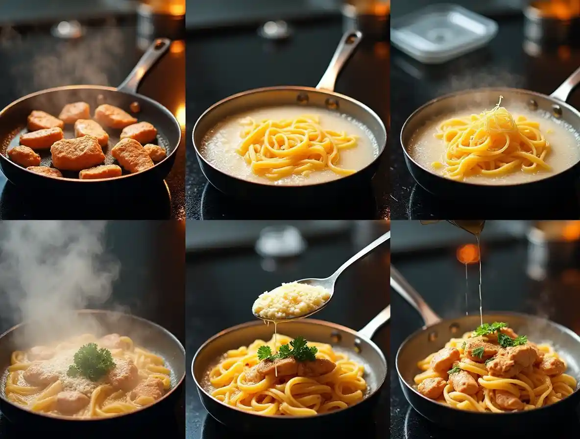 Step-by-step process of making Cajun Chicken Pasta Alfredo, showing seasoned chicken, pasta boiling, creamy sauce, and the final dish in a skillet.