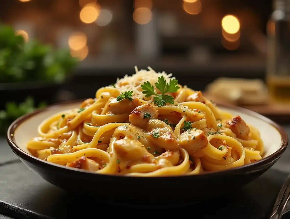 Plate of Cajun Chicken Pasta Alfredo with creamy Cajun-spiced sauce, tender chicken, and parsley garnish.